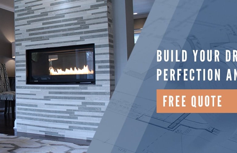 Modern living room with fireplace and construction blueprint overlay promoting free quote for dream project